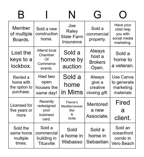 Realtors & Friends Networking Luncheon Bingo Card
