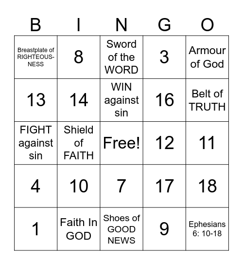 The Armour of God Bingo Card