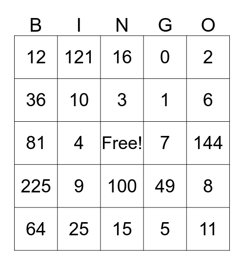 Square Root Bingo Card