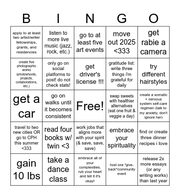 New Year's Resolution BINGO 2025 Bingo Card
