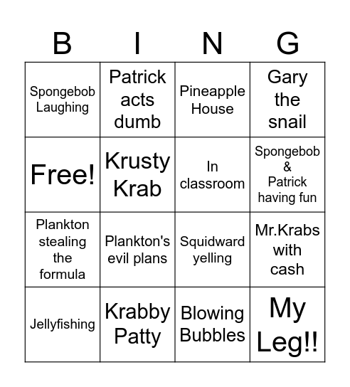 SPONGEBOB Bingo Card