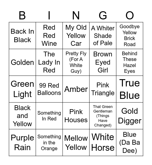 Songs With a "Color" in the Title Bingo Card