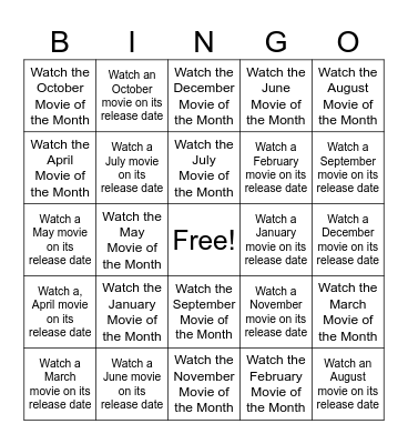 Movie Calendar Challnge Bingo Card