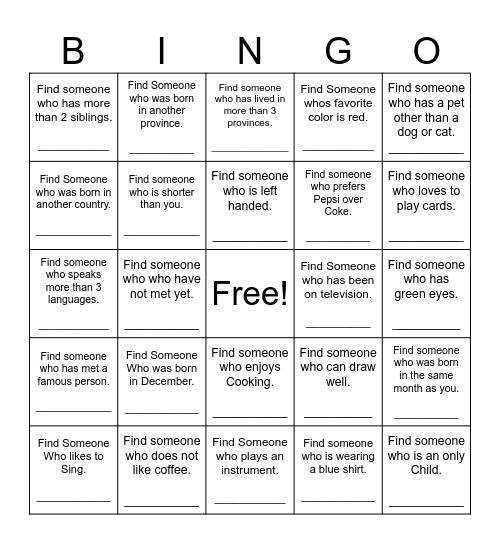 Find Someone Who Bingo Card