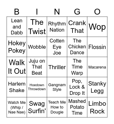 Songs that have a "Dance" Bingo Card