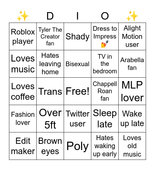 How similar you are to Dio Bingo Card
