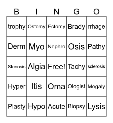 Medical Terminology Review Bingo Card