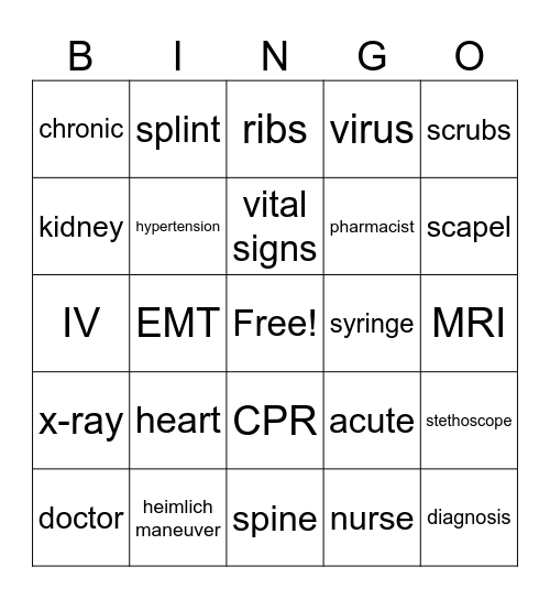 Medical Bingo Card