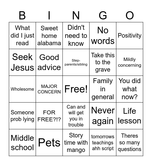 Pinkmango confessions bingo Card