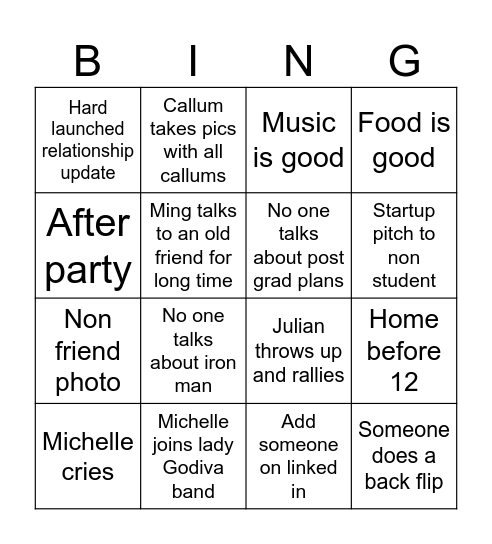 Cannonball Bingo Card