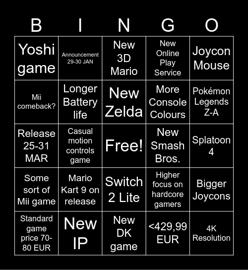 Switch 2 Bingo Card
