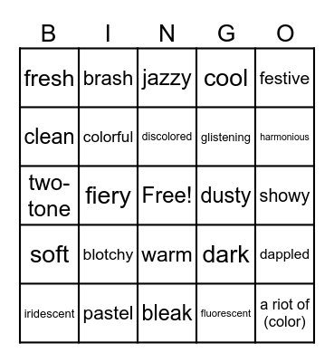 "Describe A Color" BINGO Card