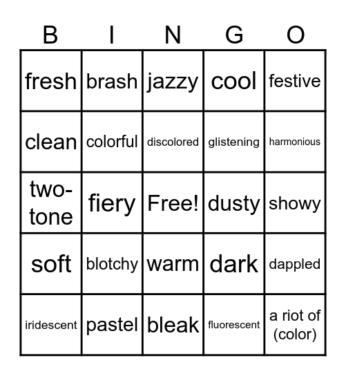 "Describe A Color" BINGO Card