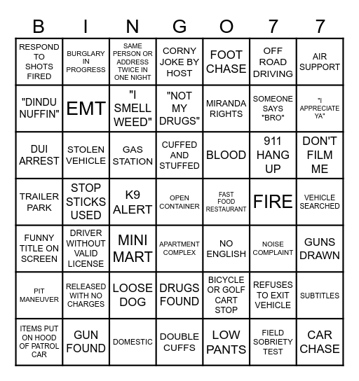 ON PATROL LIVE Bingo Card