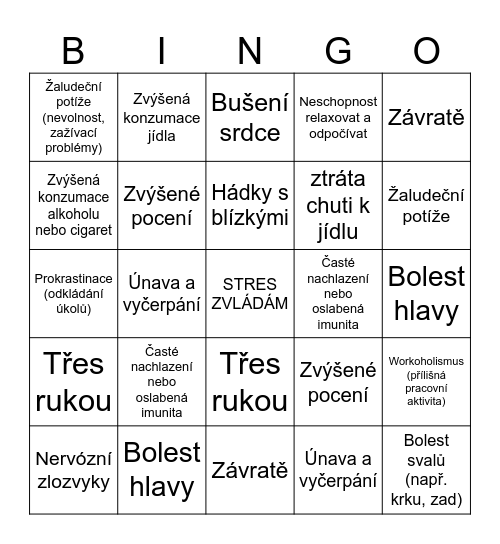 ZVLÁDÁNÍ STRESU Bingo Card
