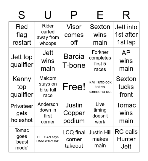 Supercross 2025 Bingo Card