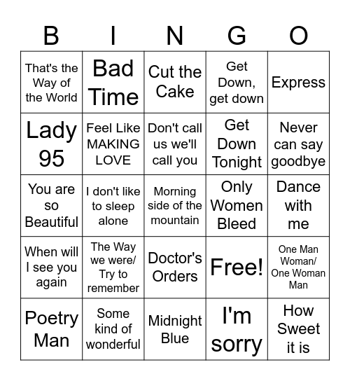 Hits from 1975 Bingo Card