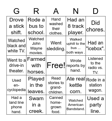 Grandparent Bingo Card