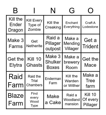 Minecraft Blackout Challenge Bingo Card