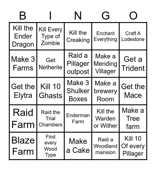 Minecraft Blackout Challenge Bingo Card