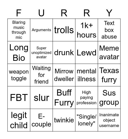 Vrchat Bingo Card
