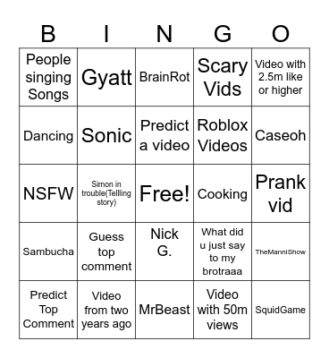 Youtube Shorts Bingo Card