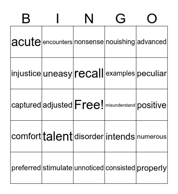 Vocabulary Bingo Card