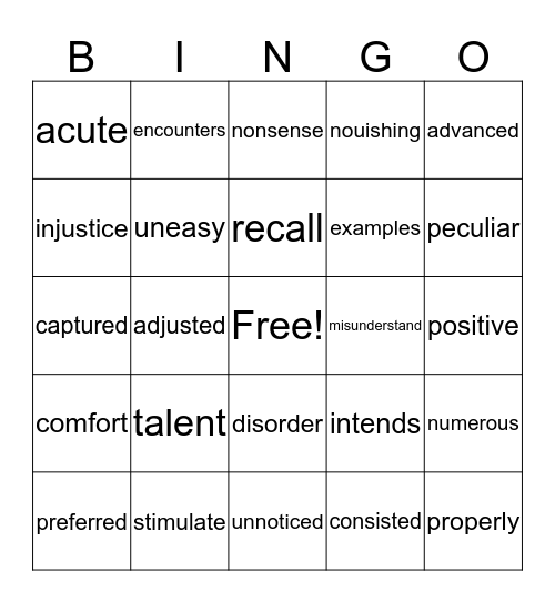 Vocabulary Bingo Card