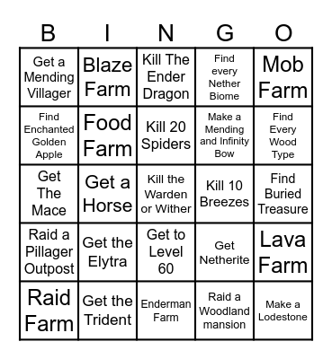 Minecraft Blackout Challenge Bingo Card