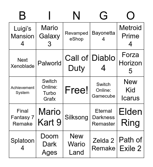 Switch 2 Bingo Card