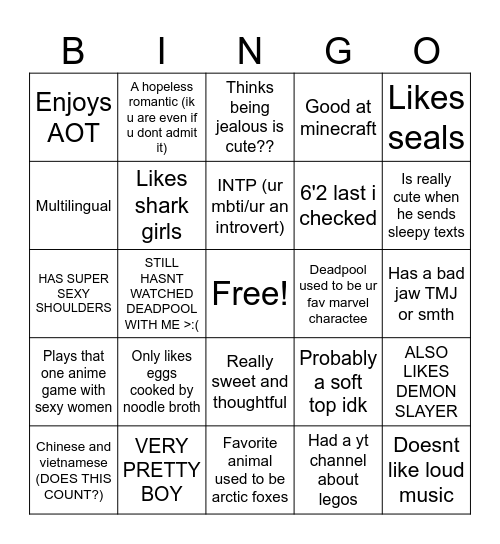 cutie patootie bingo Card