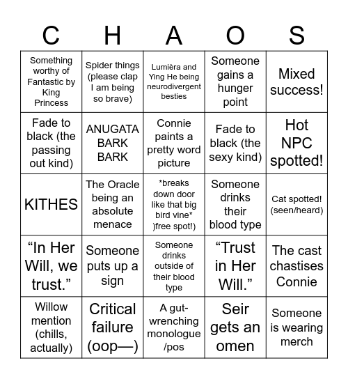 CHAOS Arc 3 E11-12! Bingo Card