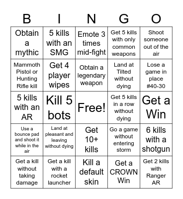 Fortnite Reload Bingo Card