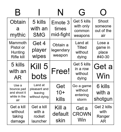 Fortnite Reload Bingo Card