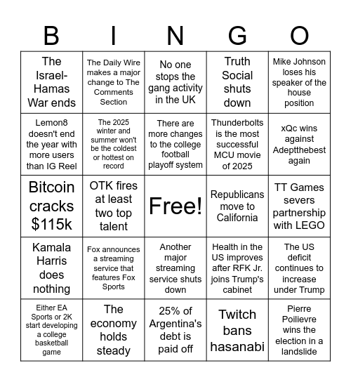 2025 Bingo Card Bingo Card