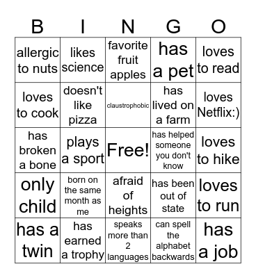 A Little Bit About Me  Bingo Card