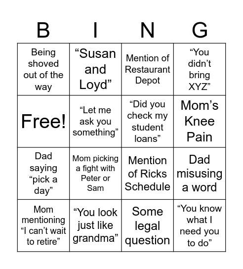Sunday Dinner Bingo Card