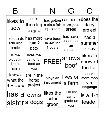 4-H/ Get to know you Bingo Card