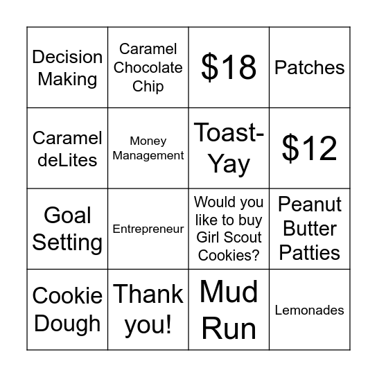 Girl Scout Cookie Bingo Card
