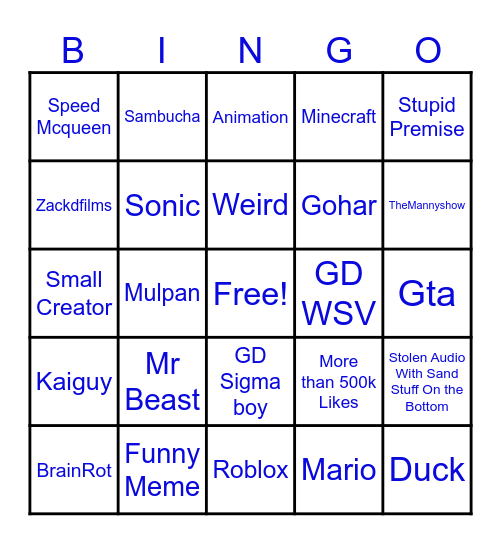 Youtube Short Bingo Card