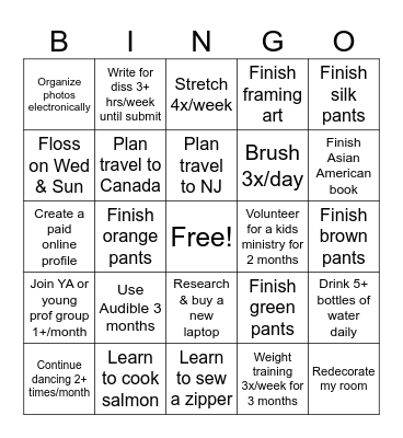 2025 Goals Bingo Card
