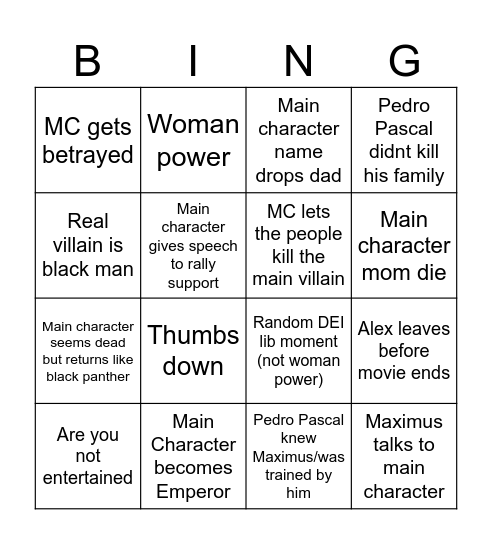 Gladiator 2 Bingo Card