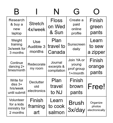 2025 Goals Bingo Card