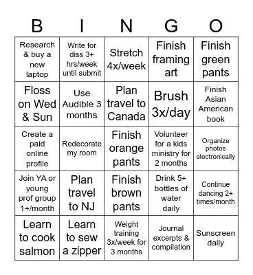 2025 Goals Bingo Card