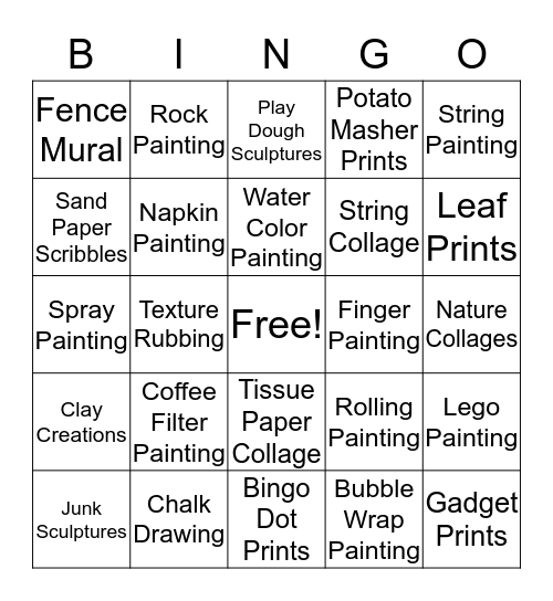 Process Art Ideas Bingo Card
