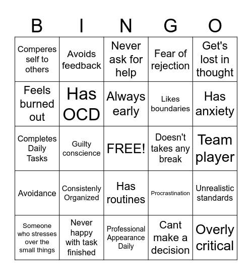 Perfectionism Bingo Card