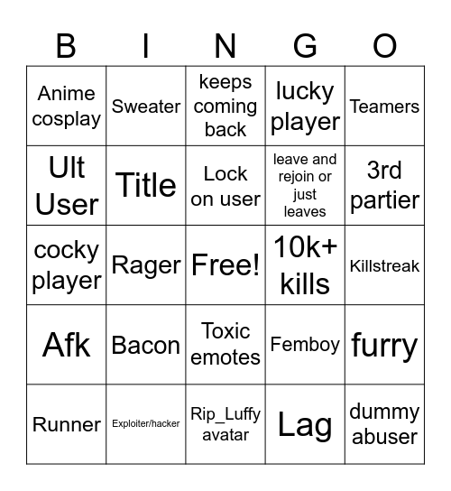 Roblox Bingo Card
