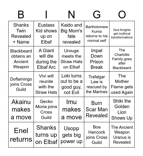 One Piece 2025 Bingo Card