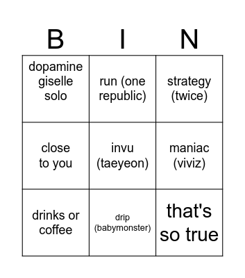 spotify songs Bingo Card