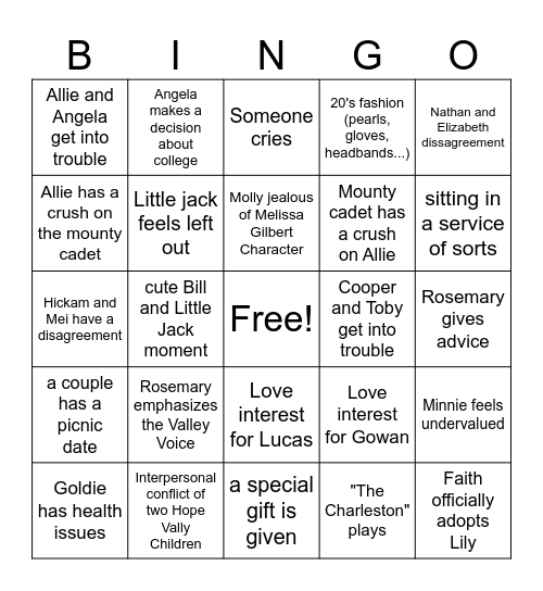 When Calls The Heart: Season 12 Bingo Card